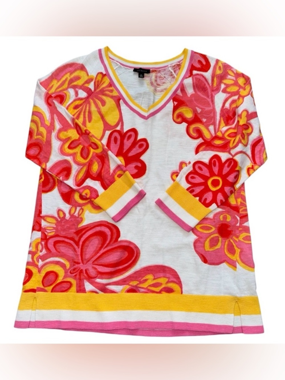 Talbots Floral Short Sleeve Sweater Top XS Pink Orange Cotton Summer Knit